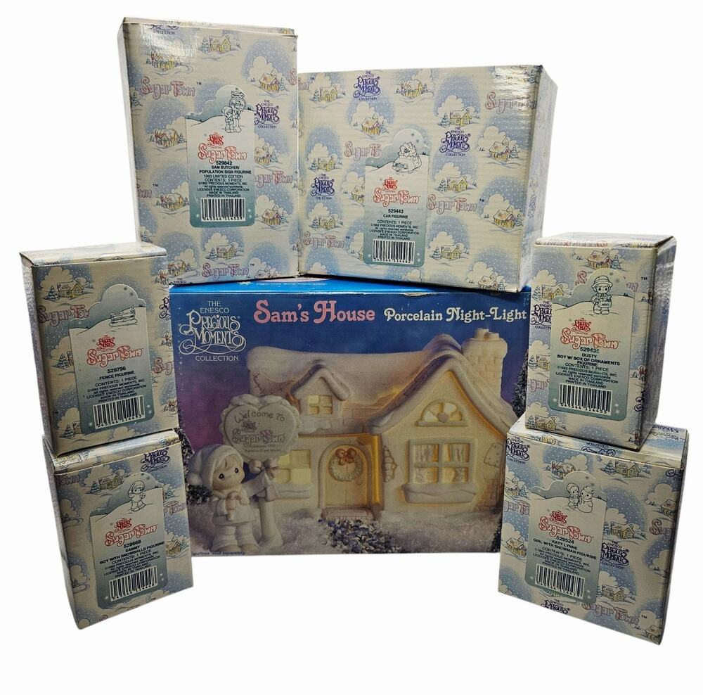 Precious Moments Sugar Town Sam's House 531774 7 Pc Set Boxed + Bird Bath 150223